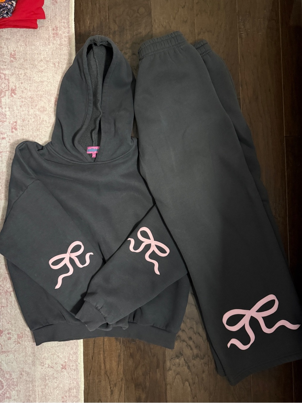 EDIKTED Gray Hoodie & Sweatpants Set with Pink Ribbon Detail